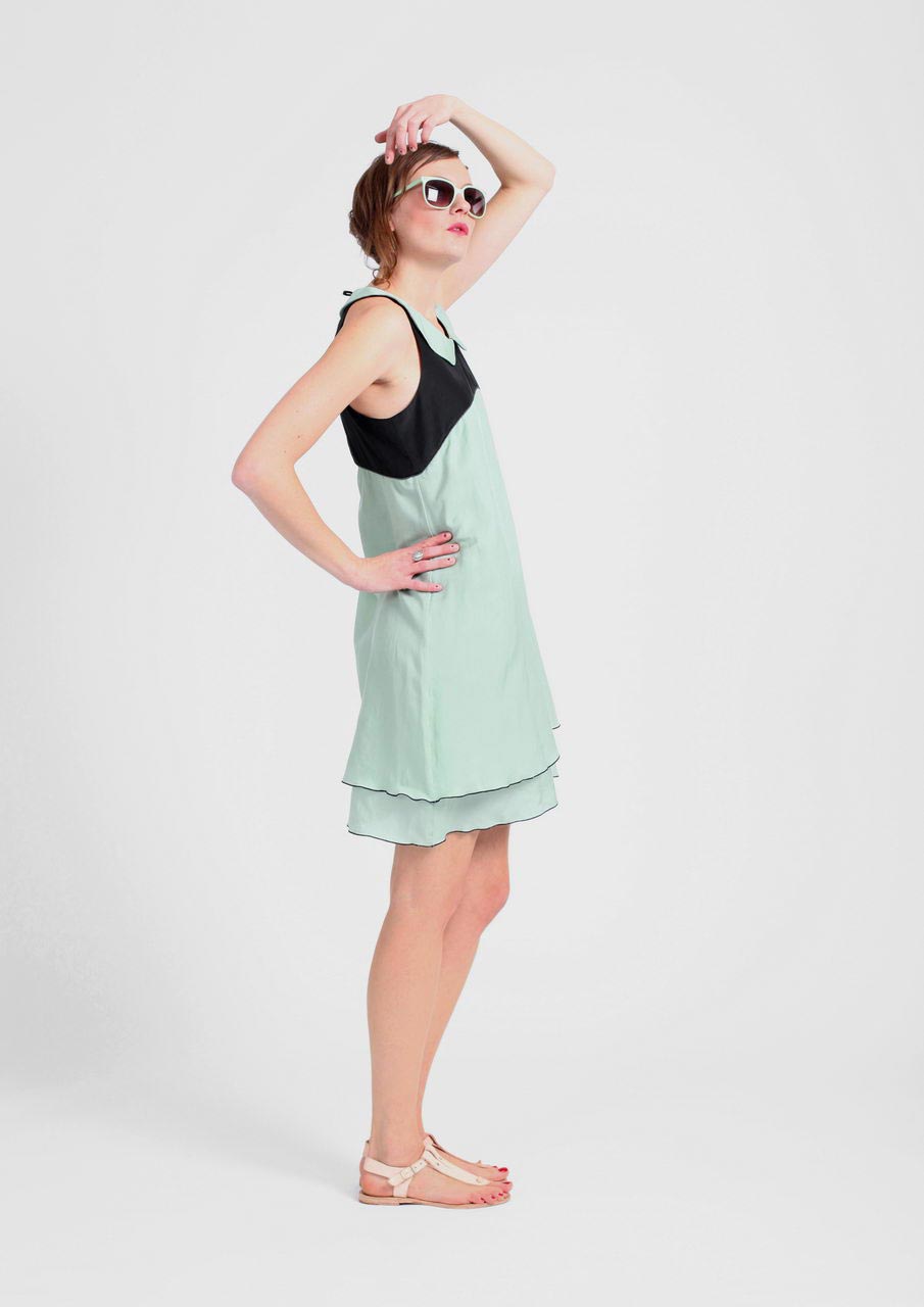 MADEVA collection printemps ete 2012 robe trapeze col claudine sans manches deux volants vert eau claudine